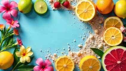 Vibrant summer colors explode in a lively arrangement of fresh fruit, flowers, and beach accessories Perfect for summer themes, vacation brochures, or seasonal promotions , positive, happy, mango