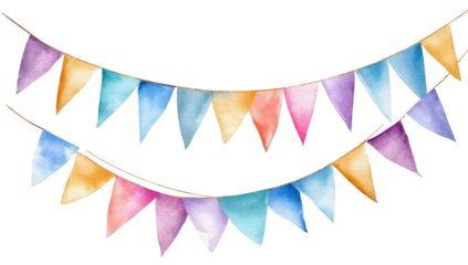 Watercolor illustration of two festive garland banners with colorful triangular flags