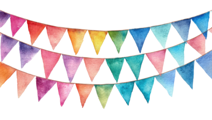 Watercolor illustration of colorful triangular bunting or pennant garlands, festive and joyful