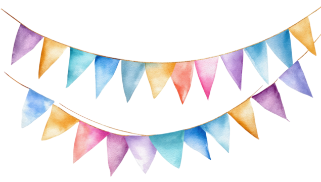 Watercolor illustration of two festive garland banners with colorful triangular flags