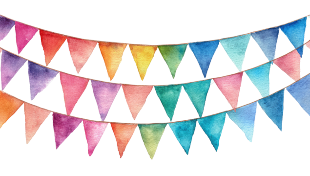 Watercolor illustration of colorful triangular bunting or pennant garlands, festive and joyful
