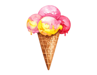 Watercolor of four ice cream scoops, pink and yellow, atop a brown waffle cone