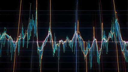 A close-up view of dynamic data visualization. A vibrant spectrum of interconnected lines pulsates against a deep black background, symbolizing the complexities of information. 