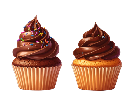 Two chocolate cream cupcakes isolated on transparent background