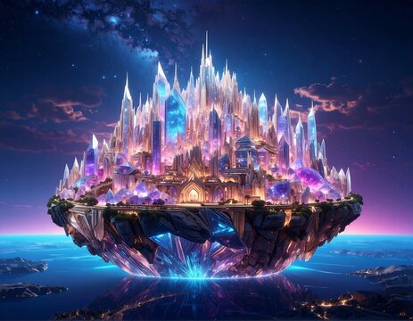 Fantasy floating city, crystal structures illuminate night sky