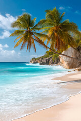 Obraz premium Tropical white sand beach with coco palms and the turquoise sea