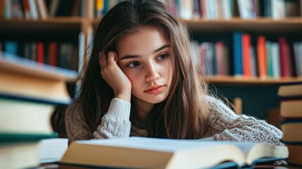 A young girl sitting in a library with a pile of books.