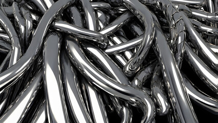 An abstract, industrial close-up that shows multiple shiny metallic rods entwined and knotted together. Highlighting the intricate interplay of form and texture.
