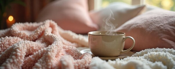 A cozy and inviting scene featuring soft blankets, plush pillows, and a steaming mug, perfect for relaxation and self-care , hot drink, minimalist, comfort