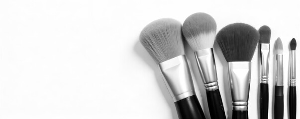 Set of pristine makeup brushes against white background, flatlay, clean background
