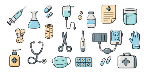 Medical doodle icons set in hand-drawn style featuring healthcare tools, medicine, and hospital equipment. Perfect for web design, infographics, education, apps, and health-related branding.