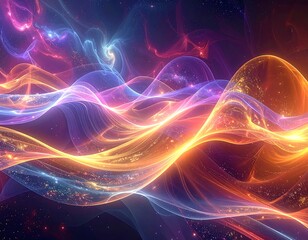 Dynamic, glowing wave forms with colorful, ethereal light effects