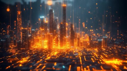 A futuristic cityscape, illuminated in vibrant orange and set against a dark, atmospheric sky - Powered by Adobe