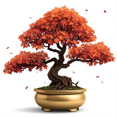Vibrant autumn bonsai tree with fiery orange leaves, symbolizing nature's beauty and tranquility.