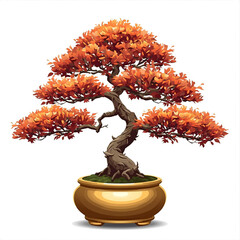 Vibrant autumn bonsai tree with rich orange foliage in a decorative pot
