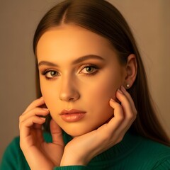 Fototapeta premium Closeup portrait of a beautiful young woman with elegant makeup and hands near face