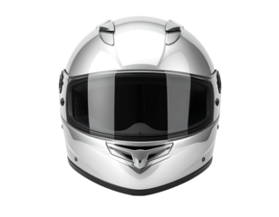 Gleaming, front-facing motorcycle helmet with dark visor, shiny silver finish