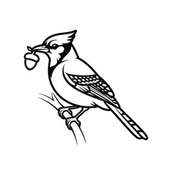 Black and white illustration of a blue jay holding an acorn in its beak