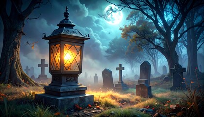 Spooky lantern in a misty graveyard
