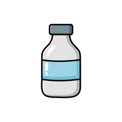 Hand-drawn doodle illustration of a small bottle with a blue label in flat vector style. Perfect for medical, cosmetic, pharmacy, or packaging design projects.