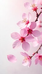 Soft pink cherry blossoms, delicate petals, pastel background, peaceful, gentle