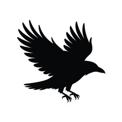 Silhouette of a black crow in flight with wings spread wide