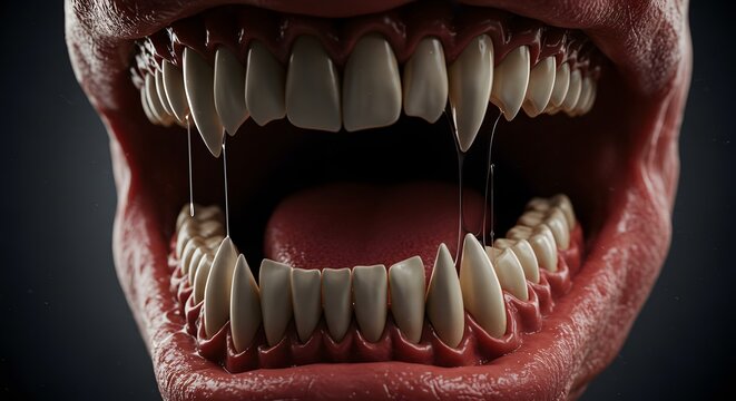 Close-up of unsettling open mouth with sharp, elongated teeth and a dark, dripping liquid