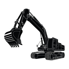 Black silhouette of an excavator on a white background