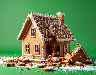 Festive gingerbread house on green background, partially broken with candy