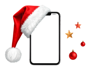 Festive smartphone with Santa hat and ornaments against a transparent background