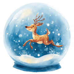 Colorful watercolor snow globe featuring a joyful reindeer leaping through falling snowflakes in a winter scene