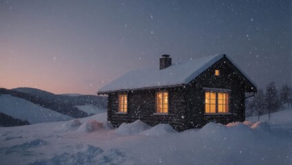 Cozy Cabin in Winter Wonderland - A Serene Evening Scene.