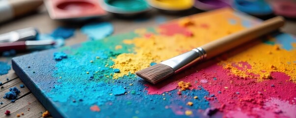 Fototapeta premium A paintbrush rests on a vibrant canvas, surrounded by scattered art supplies, symbolizing the creative process and artistic expression , paintbrush, oil, colors