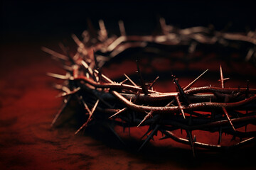 Fototapeta premium Intricate crown made of thorny branches, resting on a dark surface, illuminated by soft light, ideal for religion, faith, spirituality, inspirational content and educational materials