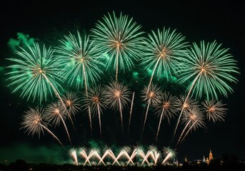 Spectacular green fireworks explode brightly against the dark night sky a dazzling display