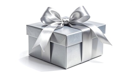 Obraz premium Gift box shines on white backdrop. Festive present with silver bow. Ideal for holidays, birthday greetings, special occasion design, advertising, marketing.