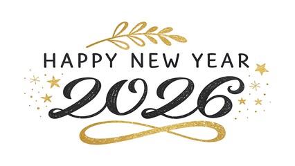 Happy new year 2026 text with golden glitter and stars, isolated on white background.