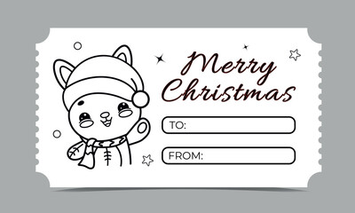 Kawaii Christmas Ticket coloring page with a cute bunny wearing a Santa hat, vector gift tag for kids