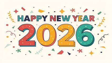 Fototapeta premium Happy new year 2026 text with colourful confetti and festive elements, isolated on white background.
