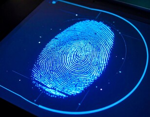 Close-up shot of a glowing blue fingerprint on a futuristic scanner screen, details in high relief