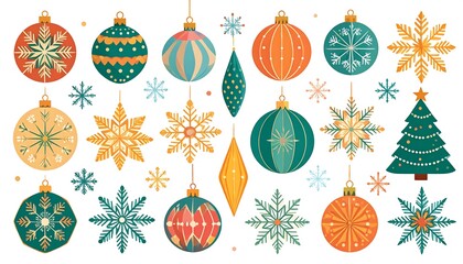 Colorful flat illustrations of assorted holiday ornaments and snowflakes, festive decorative elements