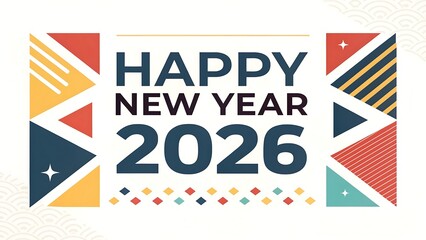 Obraz premium Happy new year 2026 text with abstract geometric shapes and colourful confetti, isolated on white background.