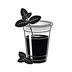 Black and white illustration of a clear cup with dark liquid and mint leaves