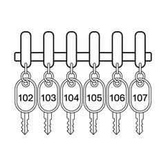 Row of numbered hotel room keys hanging on a rack