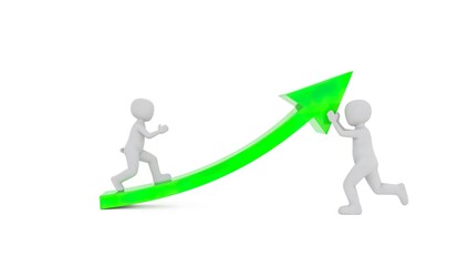 Conceptual 3d Illustration of Teamwork and Progress, One Figure Running on a Vibrant Green Upward Arrow, Another Supporting Its Ascent, Symbolizing Growth