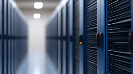 Inside a modern data center featuring rows of blue server racks. The perspective emphasizes depth, with a bright, clean floor and ceiling, symbolizing efficiency and technology.