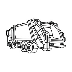Black and white sketch of a garbage truck with open hopper