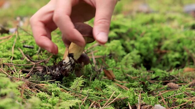 Picking wild mushrooms growing in green forest moss, edible fungi in Czech woodland environments.
