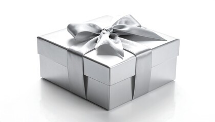 Obraz premium Silver gift box sits on white. Holiday, wedding, anniversary use. Present with ribbon, monochrome style. For marketing, design.