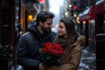 Romantic Couple With Bouquet of Roses in Snowy Urban Setting